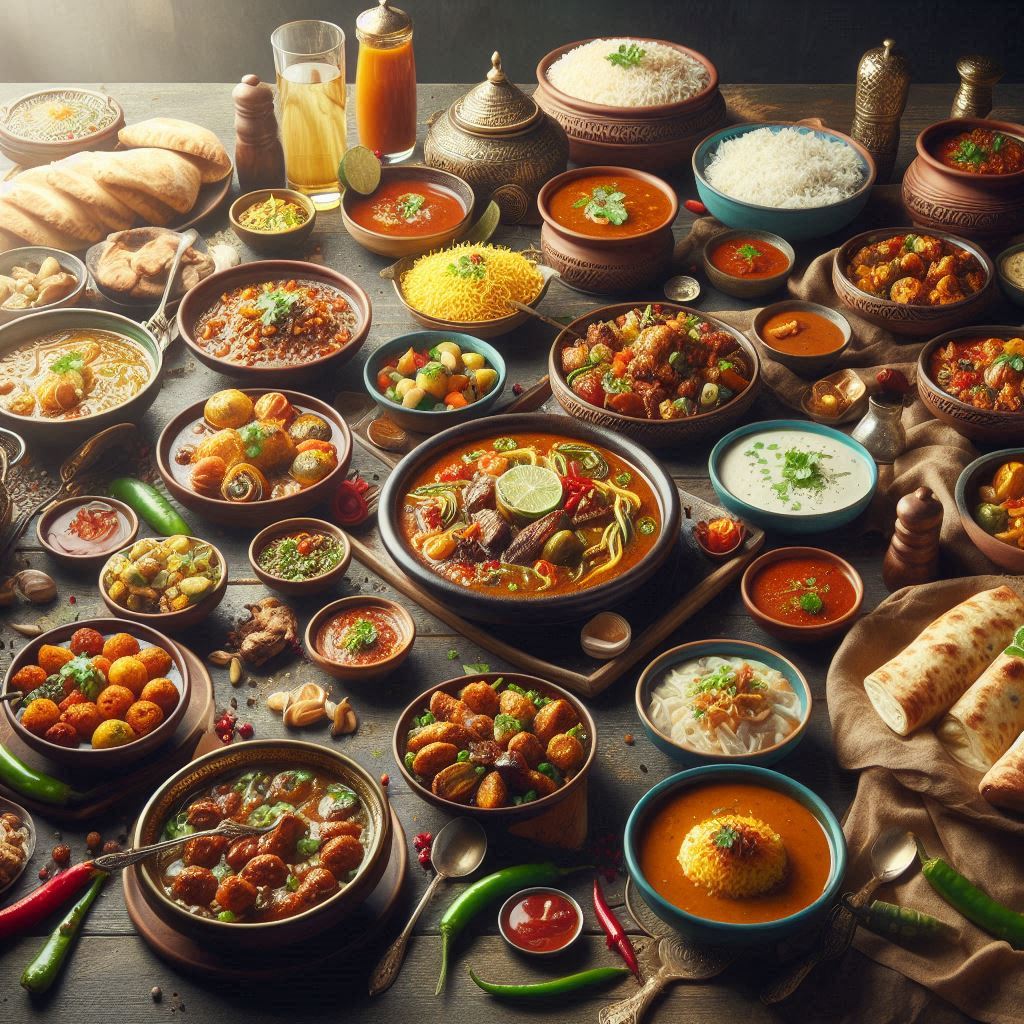 Imagen generada con IA que refleja un gran número de platos típicos de la India. 