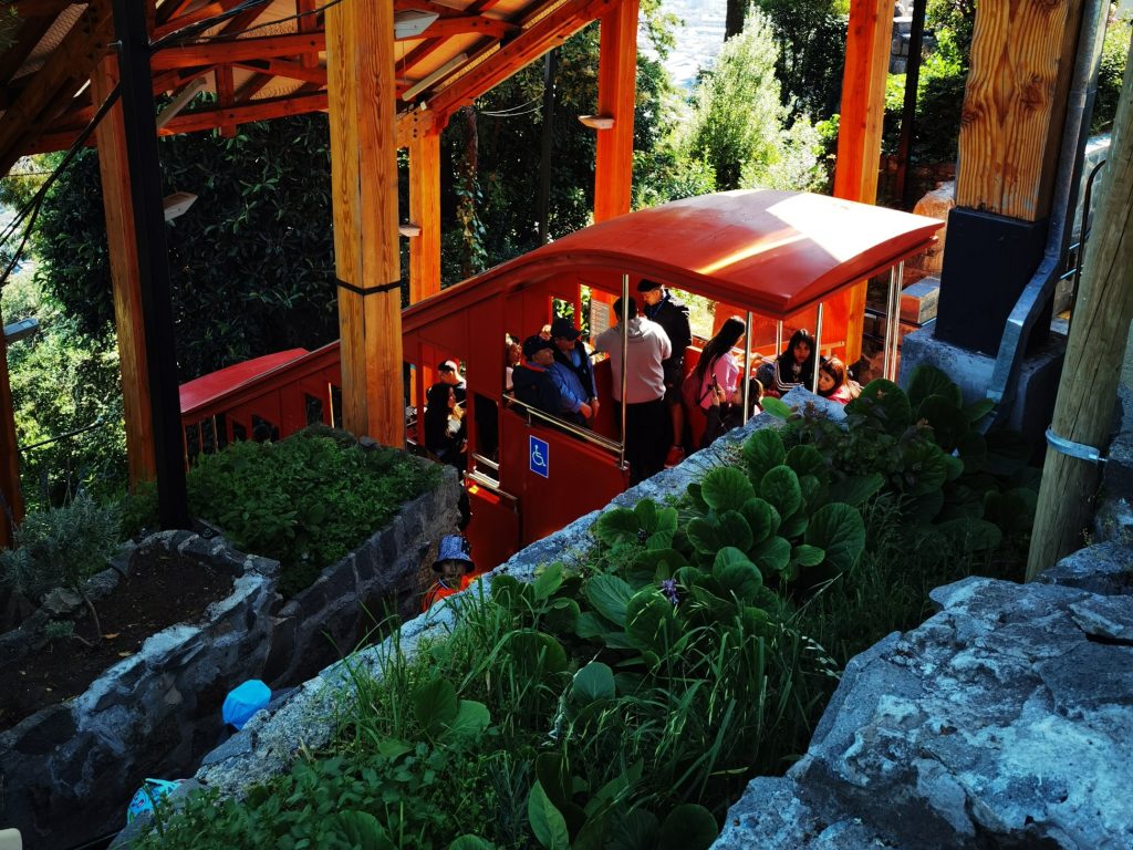 Grupo de personas desciende a través del funicular, que está rodeado de plantas y árboles verdes. Fotos Propias de Nicolás Morales.